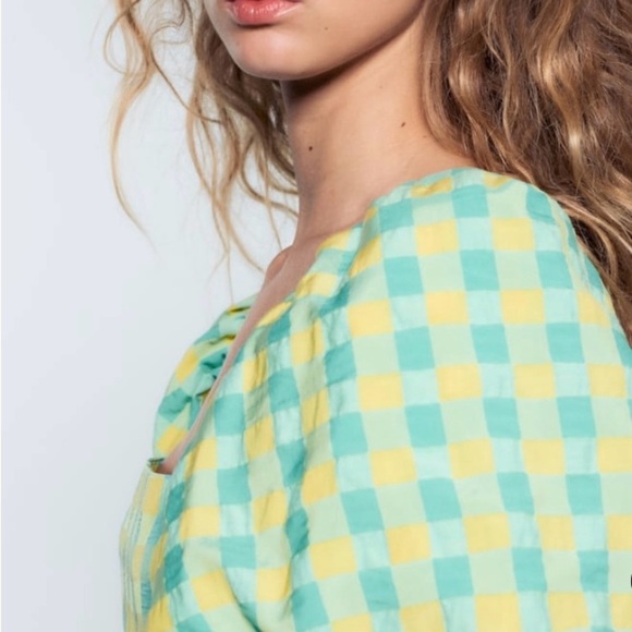 Blogger Favorite Zara Pastel Blue Yellow Puff Sleeve Dress Checkered size Small - Picture 2 of 7